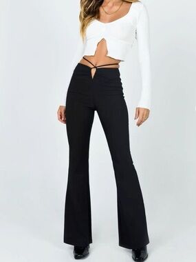 Princess Polly V Waist Flare Mid Rise Pants Black Cutout Tie Front Size 4